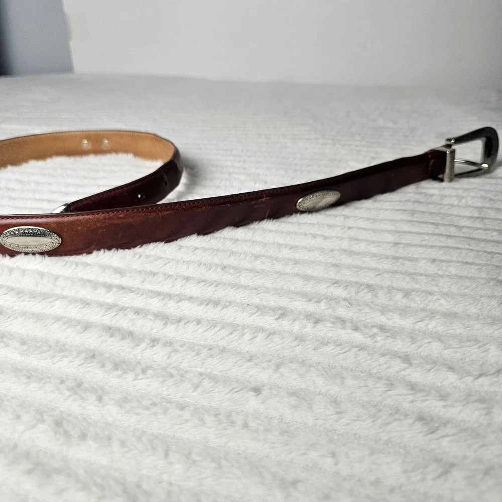Silver Concho Engraved Buckle Top Grain Leather Belt 36 Brown Western Cowboy